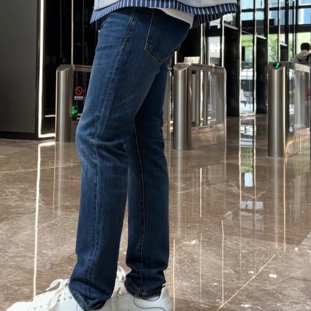 秋冬新款深蓝色男牛仔裤子高端轻奢经典洗水修身轻奢中腰小脚裤