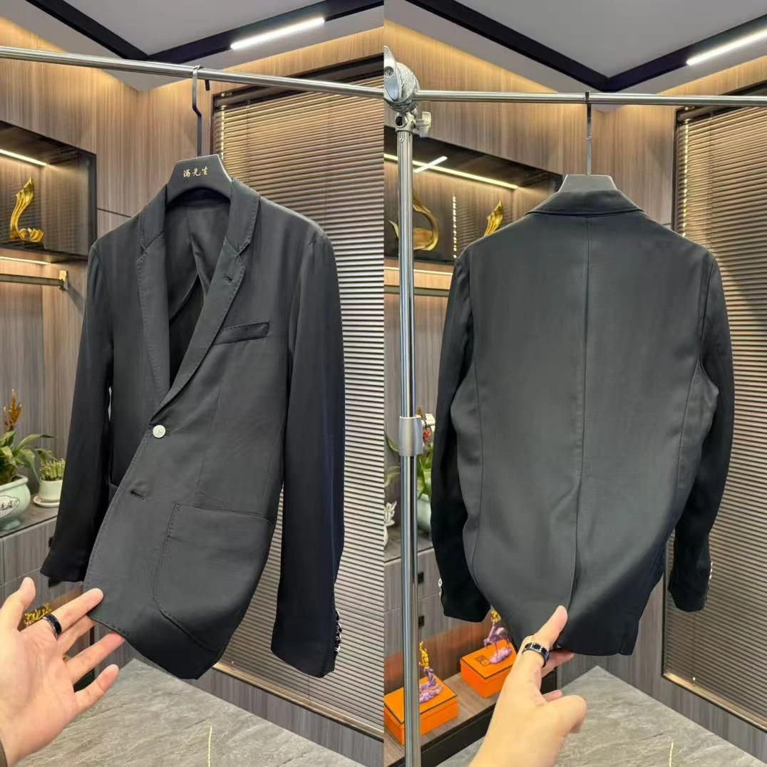 秋季麻料薄款透气修身西服有型潮流商务西装上衣男后开叉西服外套