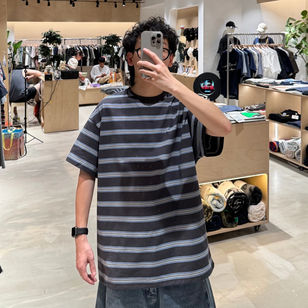 夏季条纹短袖撞色条纹男士T恤春夏情侣宽松日系简约 LF25150