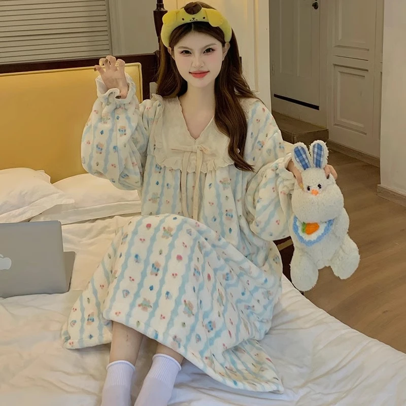 珊瑚绒睡裙女冬季中长款女士可爱睡衣保暖冬天法兰绒家居服新款
