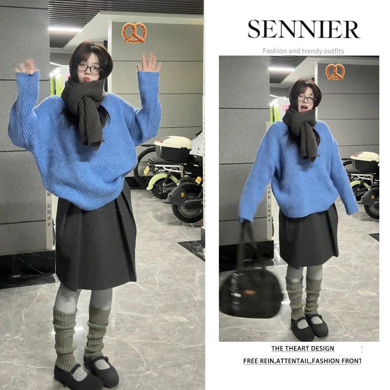 秋季温柔穿搭女2025新款韩版慵懒宽松套头针织衫百搭半身裙两件套