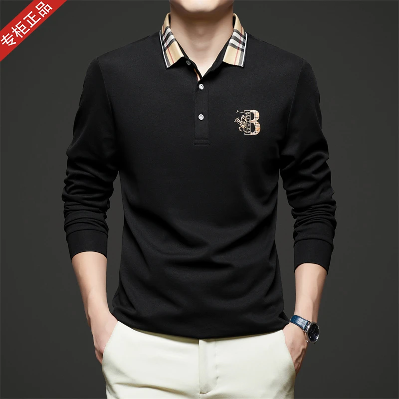 欧洲站英伦轻奢巴家男士长袖T恤POLO衫商务休闲罗纹翻领纯棉上衣T