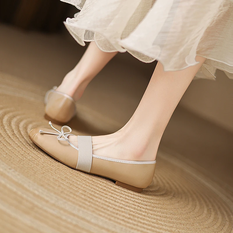 法式复古百搭蝴蝶结浅口芭蕾风玛丽珍女单鞋LF622杏色