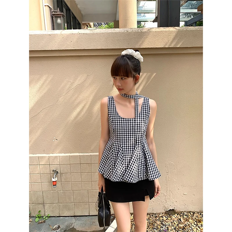 格子无袖背心吊带夏季小众女装洋气减龄时尚休闲黑色半身裤裙