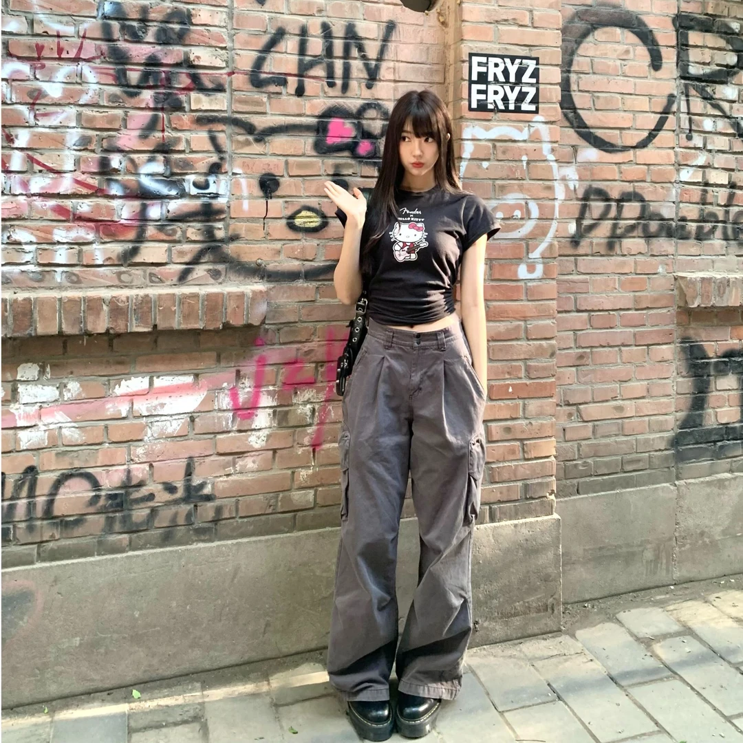 韩国ins小众吉他手Kitty印花正肩短款修身显瘦高弹短袖T恤套装女