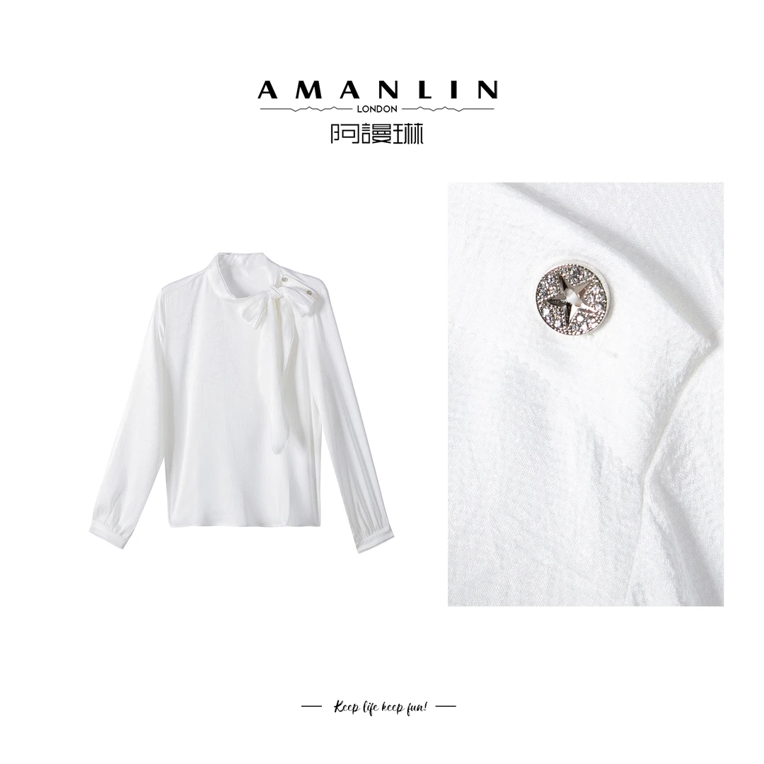 【AMANLIN】春季穿搭设计感绑带领气质复古小众套头百搭上衣F595298
