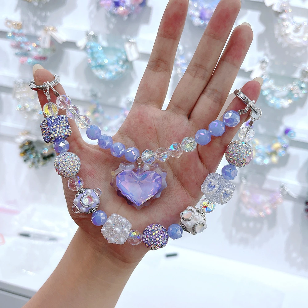 钥匙扣挂绳炫彩锆石水晶球串珠挂链手机双链条女ins挂饰海洋之心