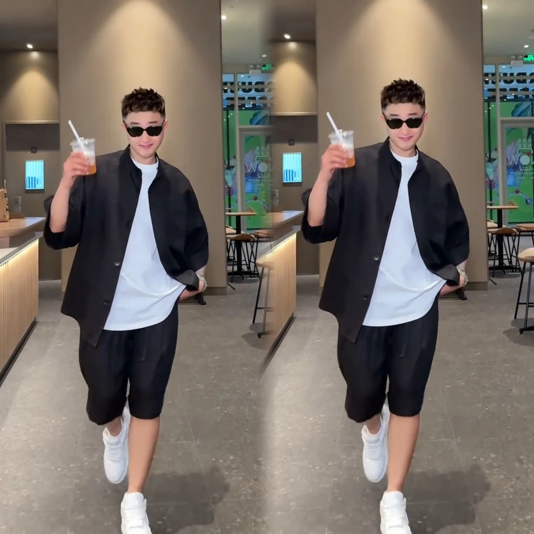 2025夏季轻薄麻垂感宽松休闲套装男士简约百搭衬衫运动短裤两件套