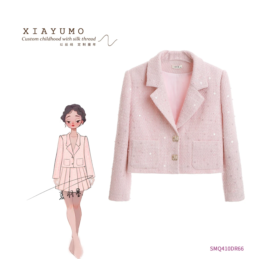 夏羽墨女童早春新款糖果粉色翻领亮片外套气质轻奢欧若风休闲外搭