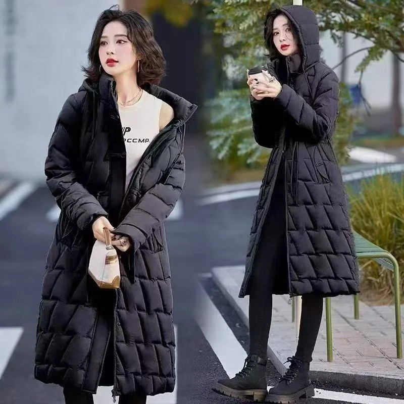 【粉丝专属】1288黑长款棉服显瘦时尚黑色连帽中长款加厚过膝冬季