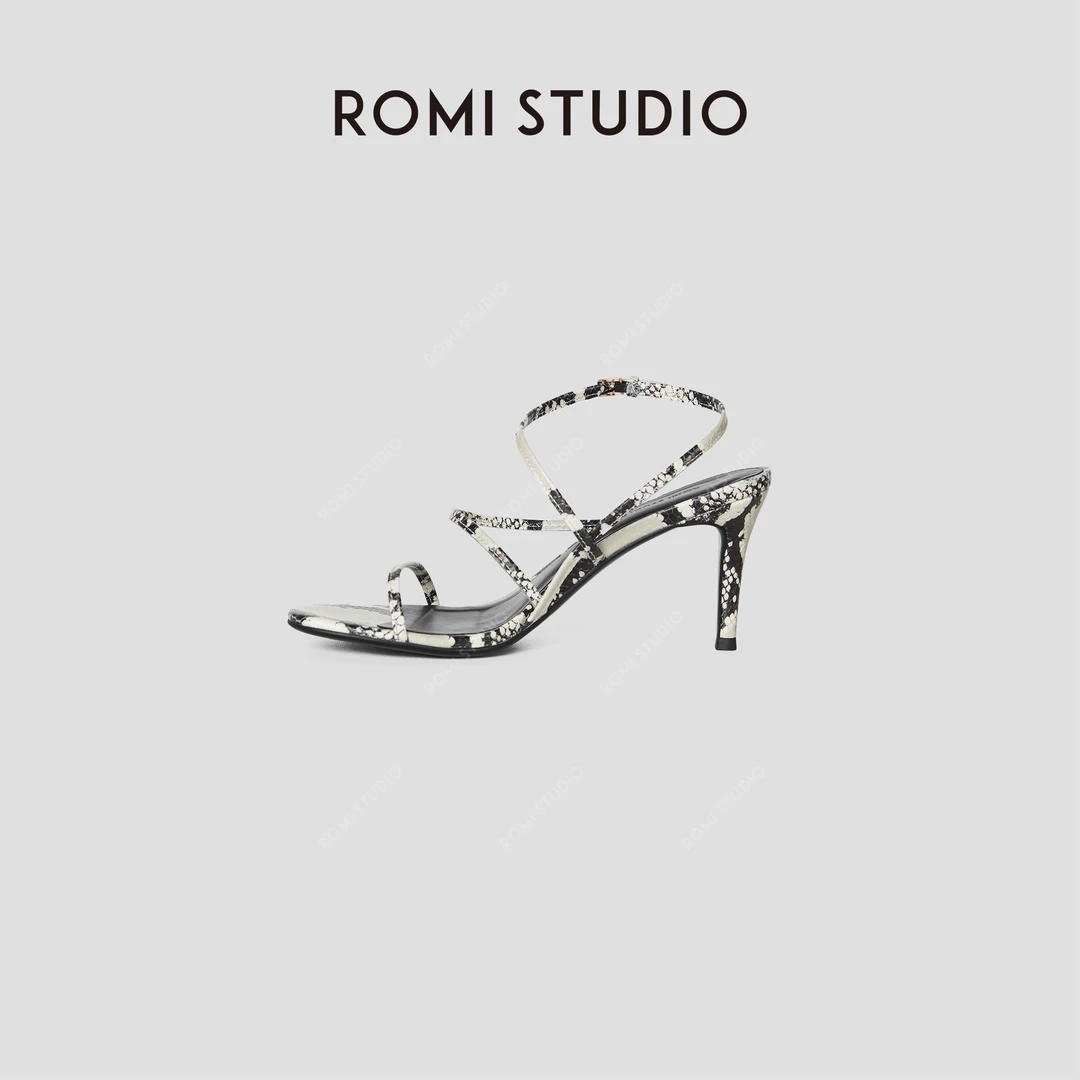 ROMI STUDIO“气质优雅”牛皮革仿蛇纹印花细带高跟凉鞋 RWCRP32035