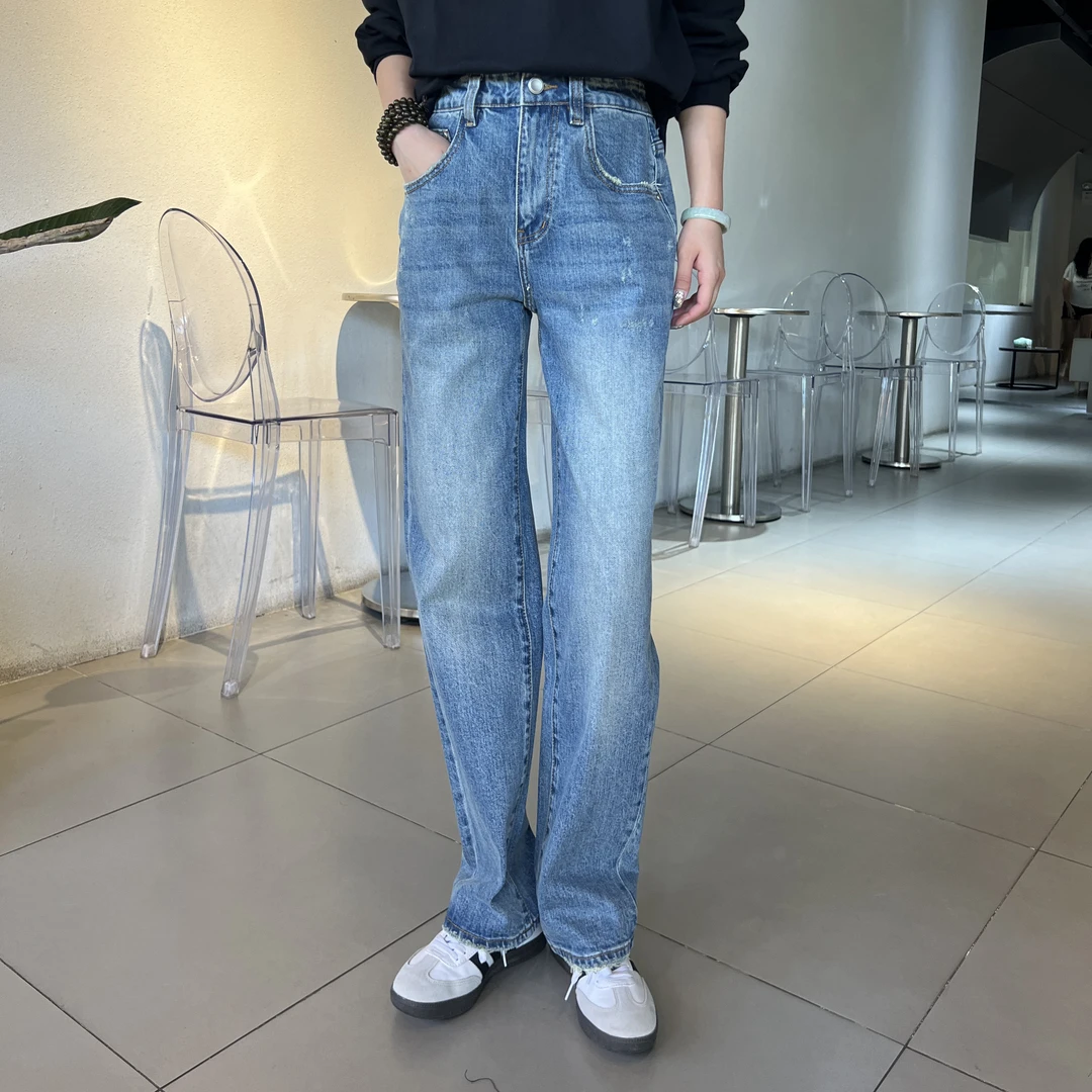 【逸潮】美式复古牛仔裤男秋季新款水洗做旧显瘦直筒裤-123