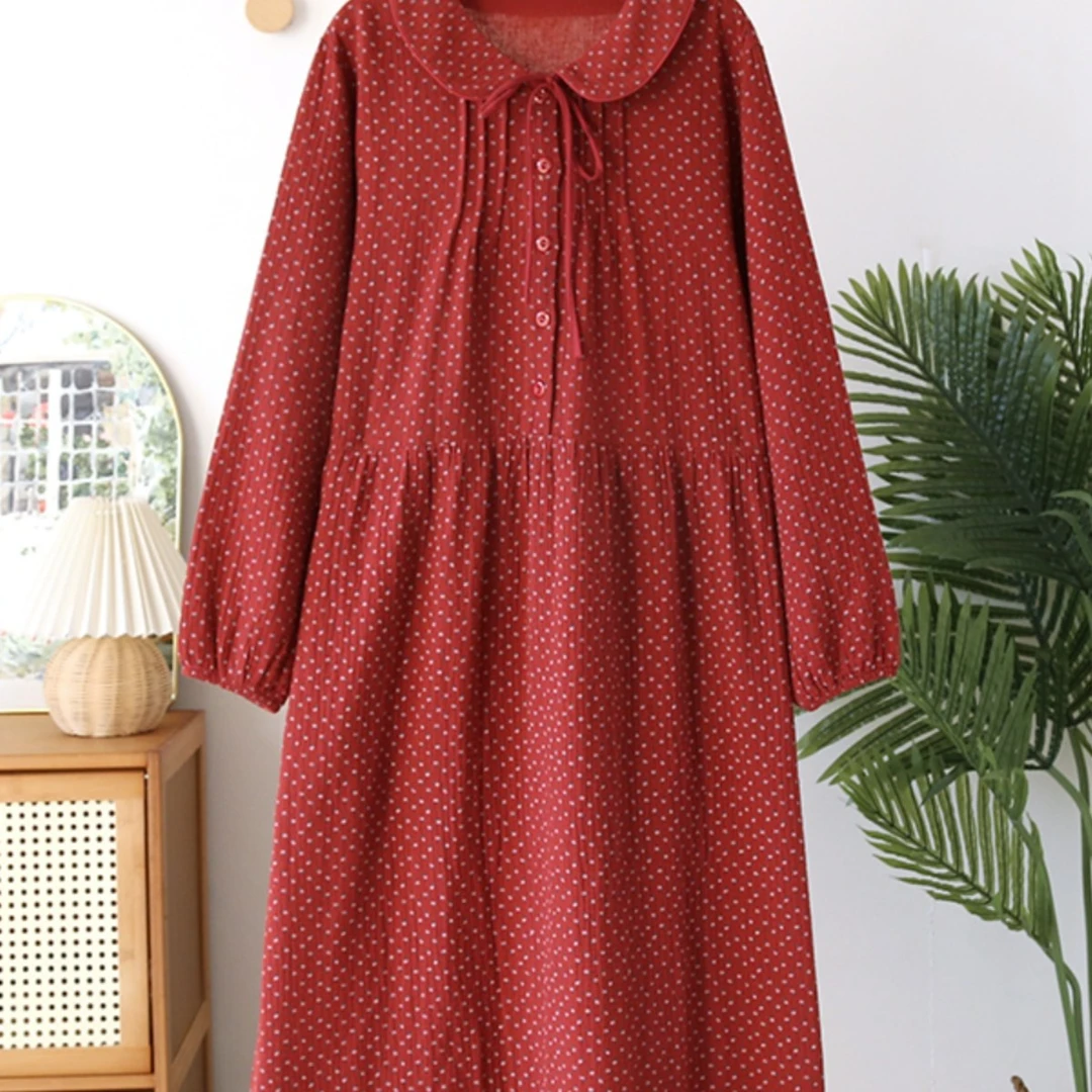 新年大红睡裙可爱碎花娃娃领长袖家居裙纯棉纱布春秋夏季睡袍睡衣
