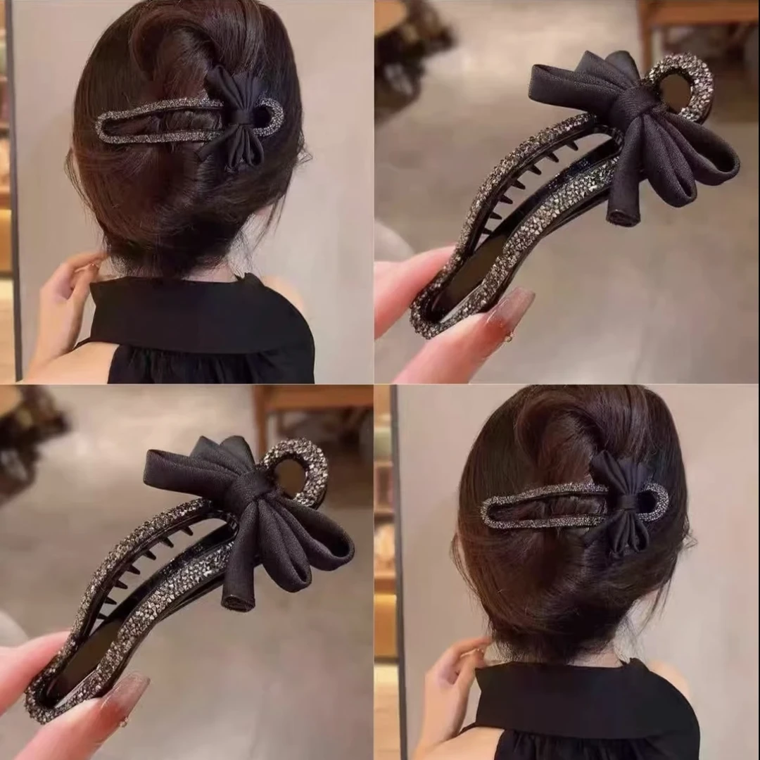 韩系蝴蝶结镶钻抓夹女气质后脑勺盘发夹新款时尚鸭嘴夹简约发饰