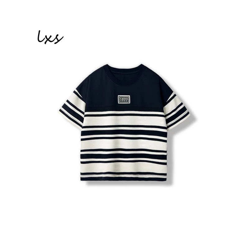 舅舅严选童装男童夏季款1977百搭时尚黑白条纹宽松短袖 C88210