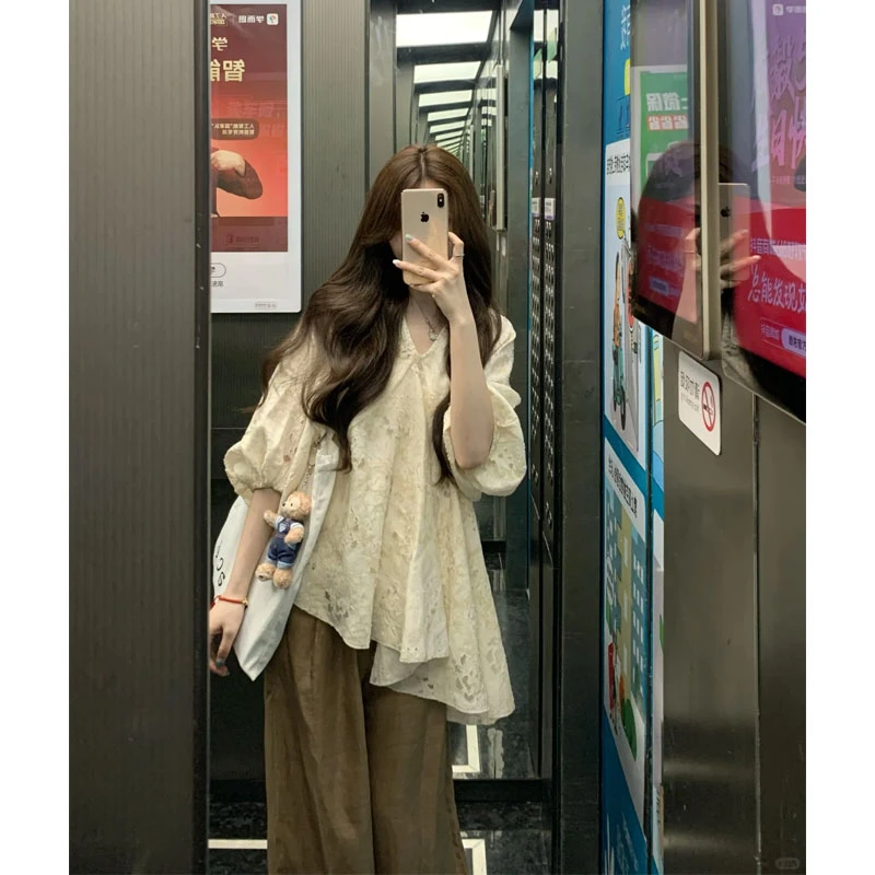 洋气炸街套装夏季新款不规则镂空设计感短袖衬衫阔腿休闲裤两件套