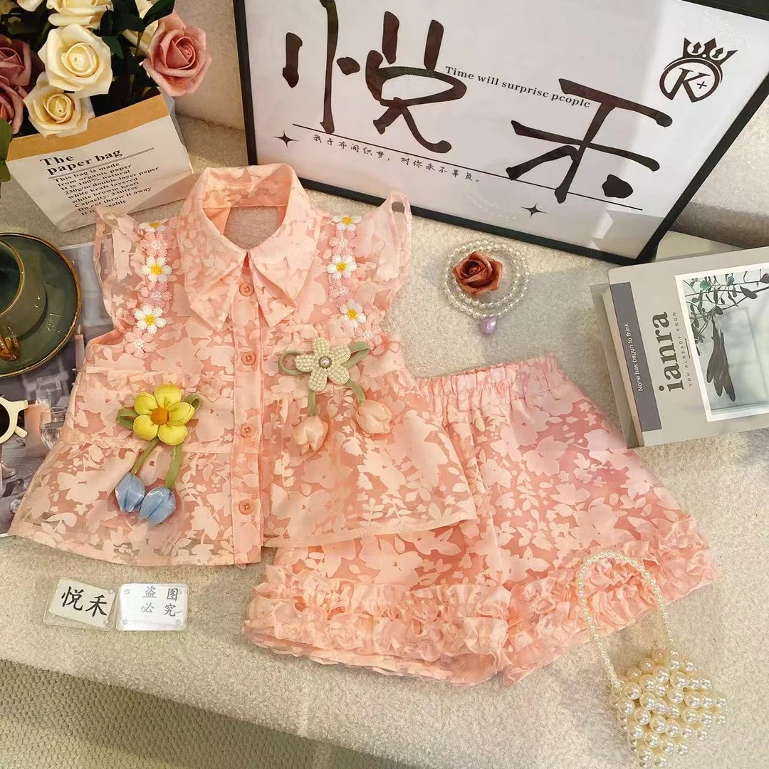YH新款夏季女童时尚女宝粉色小花洋气高级套装80178
