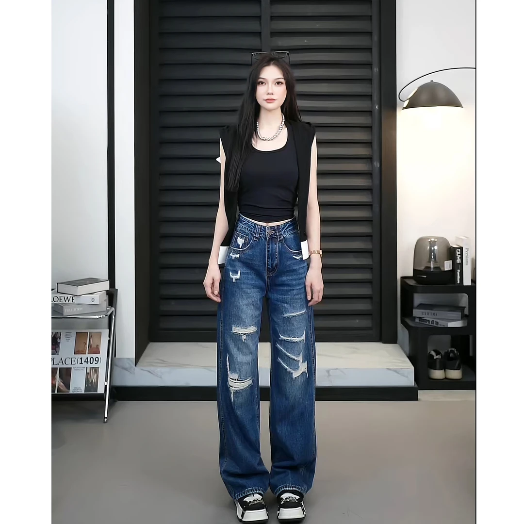 【TO&HR.GIRL】77163-2025炸街潮款裤子女破洞贴布高腰阔腿牛仔裤