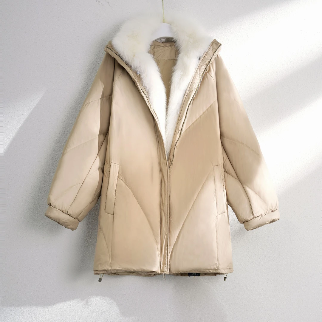 高端超大狐狸毛浅咖羽绒时尚爆款2024年新款冬白鹅绒羽绒服女外套