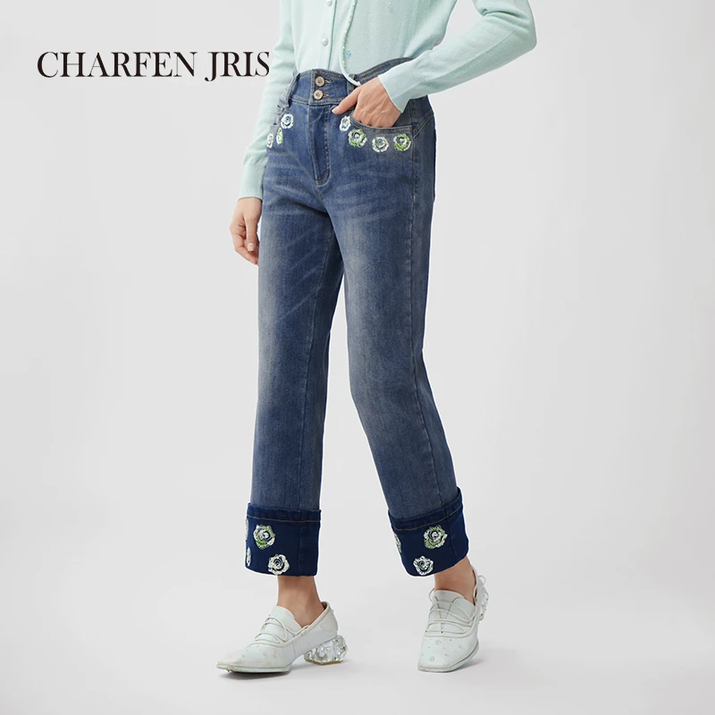 【媛媛专享】朝峰秋冬复古翻脚直筒刺绣牛仔裤FJE5E662-6078P