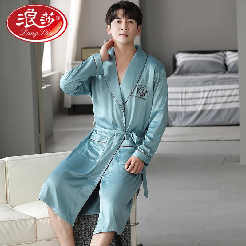 浪莎冰丝柔软舒适男士睡衣春秋季长袖睡袍宽松休闲家居服简洁时尚