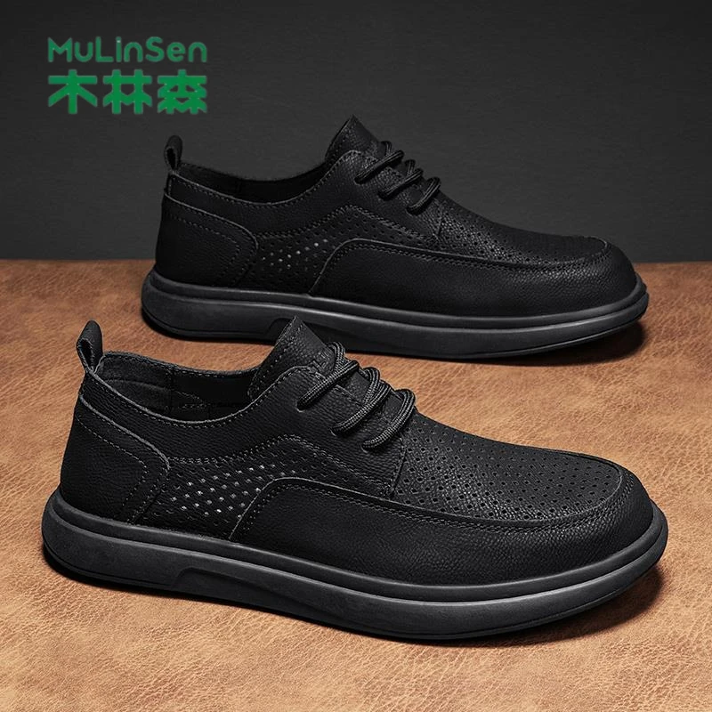 木林森镂空皮鞋秋季舒适英伦风新款休闲鞋商务男款正品百搭黑色