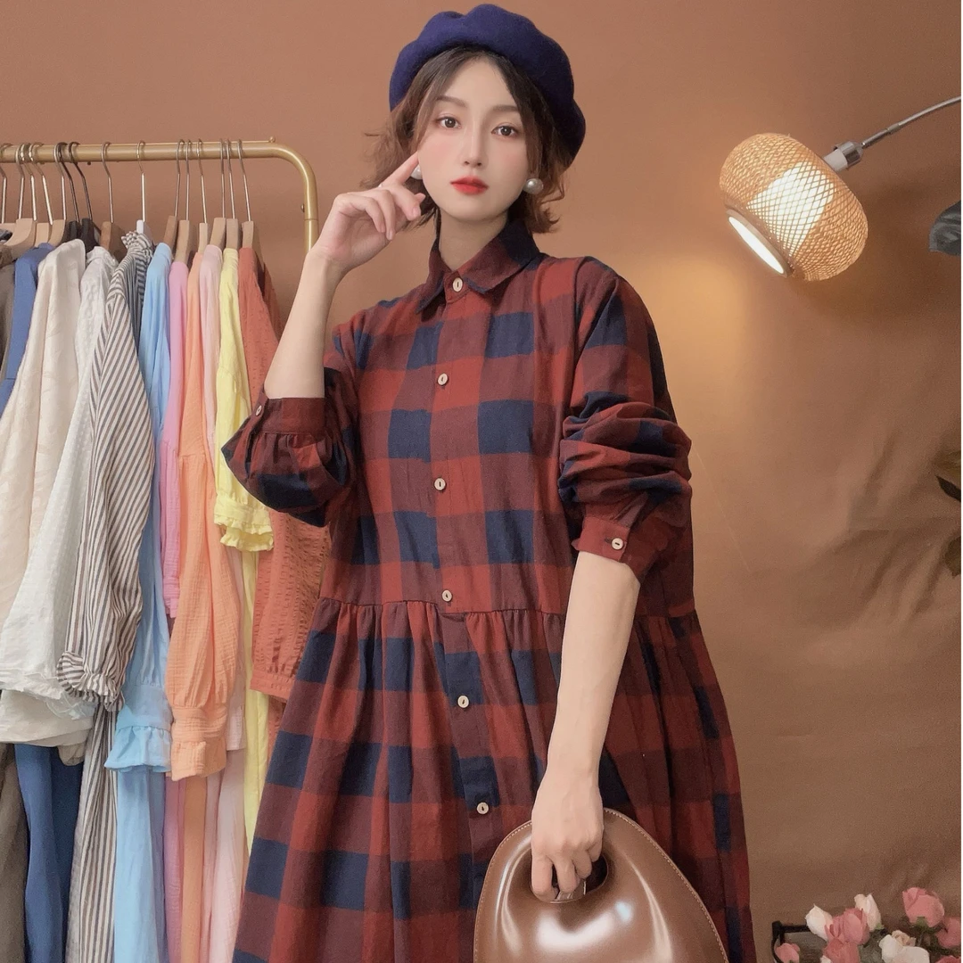 【喜柚自制】 绒绒暖茶 复古韩版秋季格纹休闲气质长袖宽松连衣裙