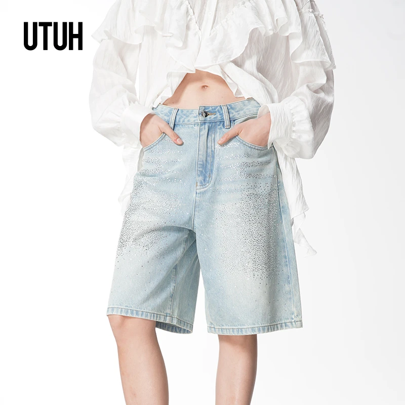 UTUH 蓝色猫须烫钻A字牛仔中裤女显瘦休闲2025春夏新款TDWWS1D047