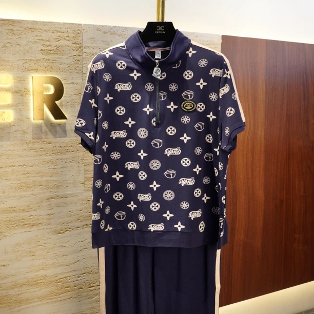 【深蓝可乐短袖套装】舒适半开襟立领T恤长裤时尚显瘦女夏休闲套装