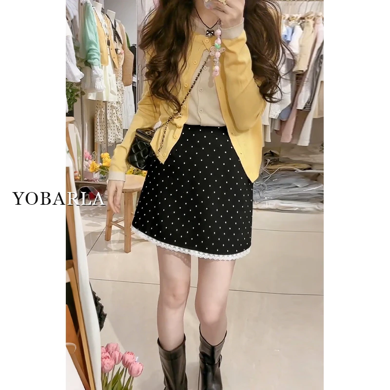 黑色波点西装短裙女高腰秋冬新款大码胖mm显瘦蕾丝拼接a字半身裙