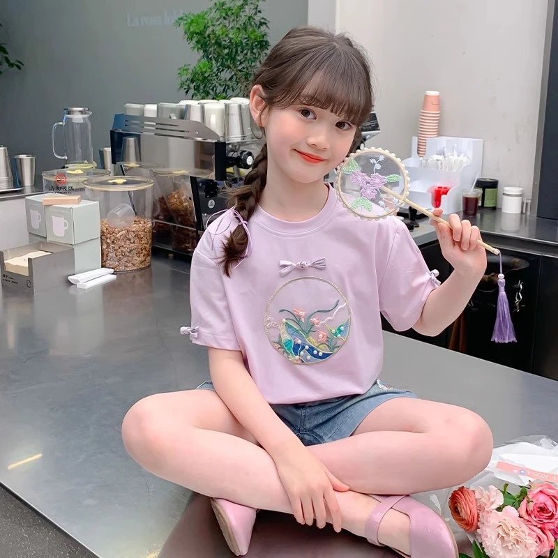 女童夏季国风短袖2025新款洋气中大童新中式半袖百搭公主风上衣潮