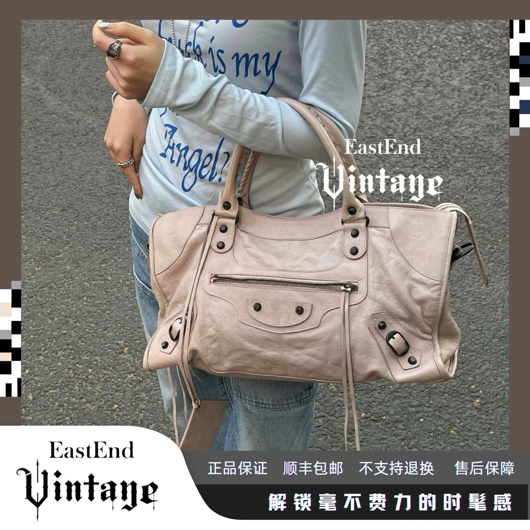 95新 Balenciaga/巴黎世家 東区-藕粉铜扣机车中号单肩包/64968