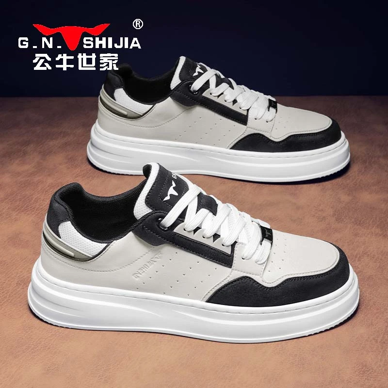 公牛世家2025秋季新款男鞋皮面运动休闲板鞋男士潮流百搭厚底板鞋