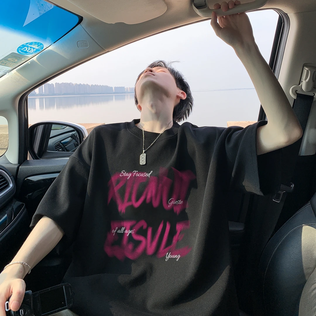 美式复古纯棉重磅短袖T恤男夏季oversize半袖潮牌潮流宽松五分袖