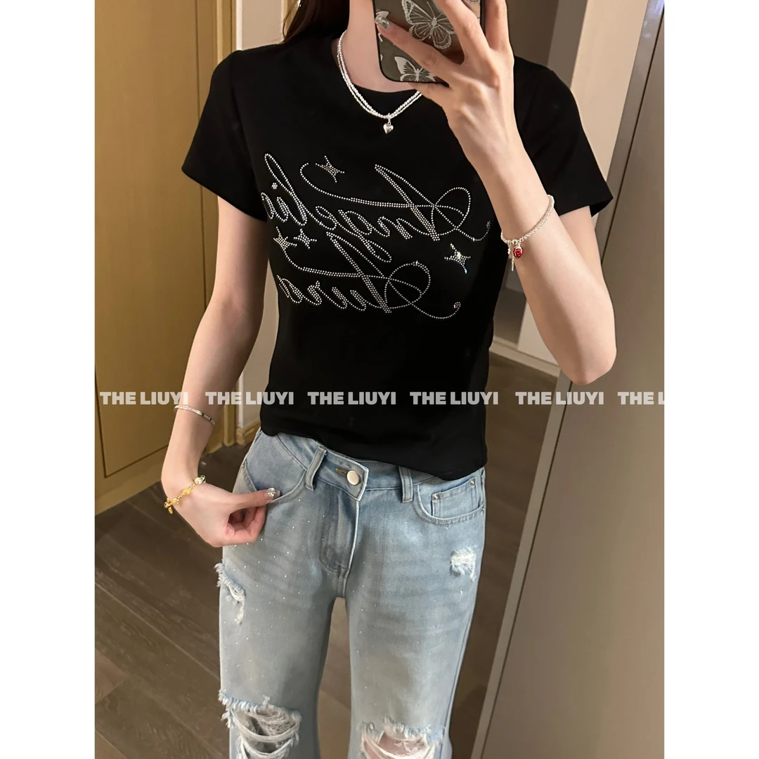 【LIUYI】星光T~新款烫钻字母正肩显瘦短袖T恤54036