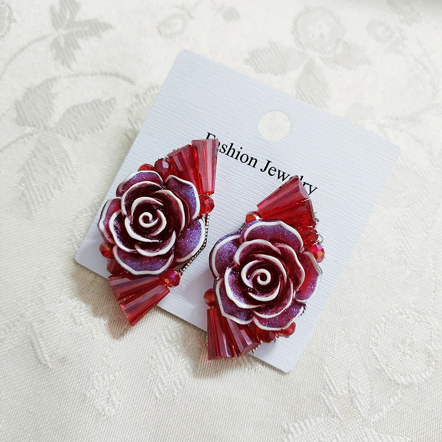 铜合金玻璃耳饰 民族风复古长款红色花卉耳钉耳环2017