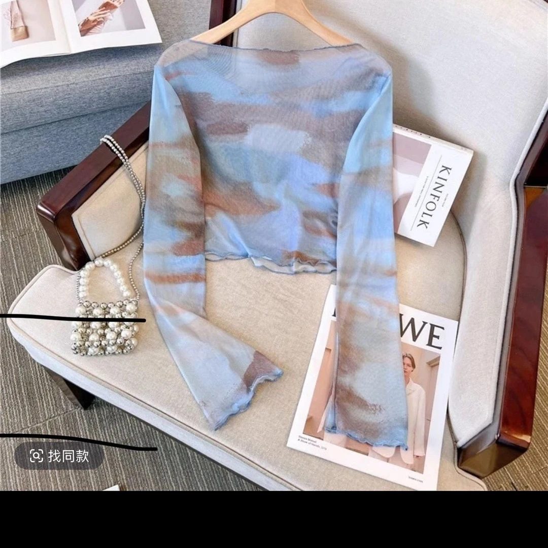 扎染防晒短款长袖扎染防晒女T恤外搭薄款设计感百搭韩版显瘦