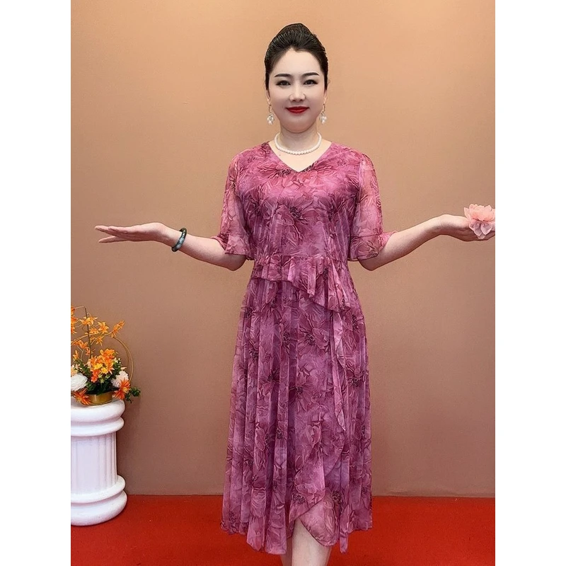 2025夏季新款宽松时尚气质妈妈碎花连衣裙洋气收腰中年裙子