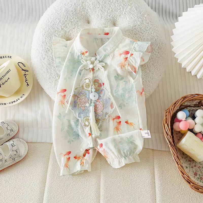 婴儿新中式夏季连体衣外出男女宝宝满月百天周岁古风棉超薄款哈衣
