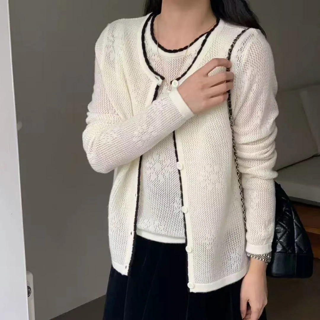2025秋装韩版复古甜美镂空钩花蓝色针织短开衫女毛衣4185