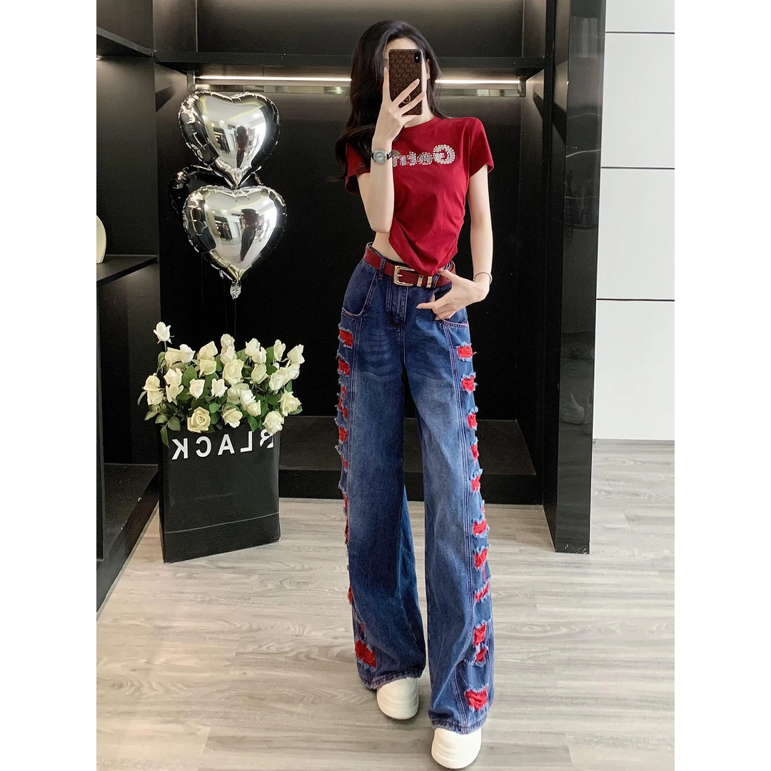 美式炸街休闲运动套装女夏季显瘦酒红色正肩T恤破洞牛仔裤两件套