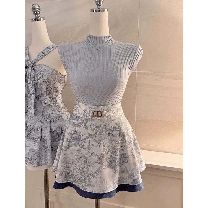 蓝色正肩针织短袖水墨印染半裙2025新款又酷又飒小香风两件套女夏