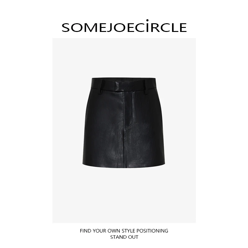 【DZ】SOMEJOECIRCLE【短裤】新品纯色染整素皮高腰A字短裤裙裤Z7596