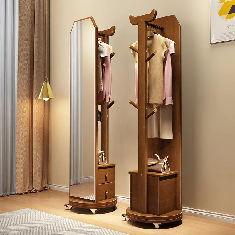 全实木穿衣镜家用多功能收纳落地镜卧室全身镜衣帽架一体试衣镜子