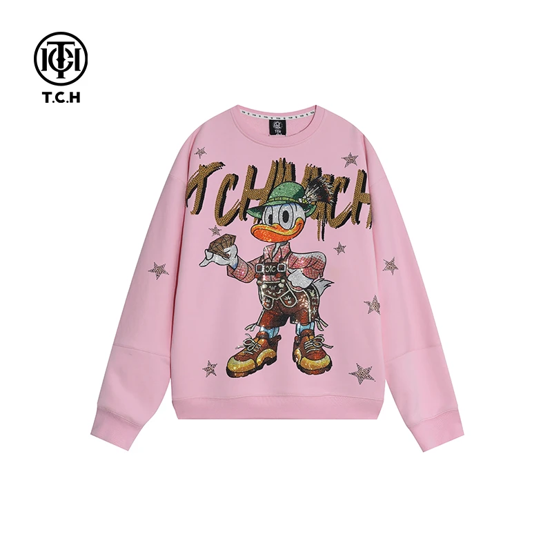 TCH服饰店播-烫钻潮流休闲百搭套头唐老鸭粉色圆领衫T66A116002