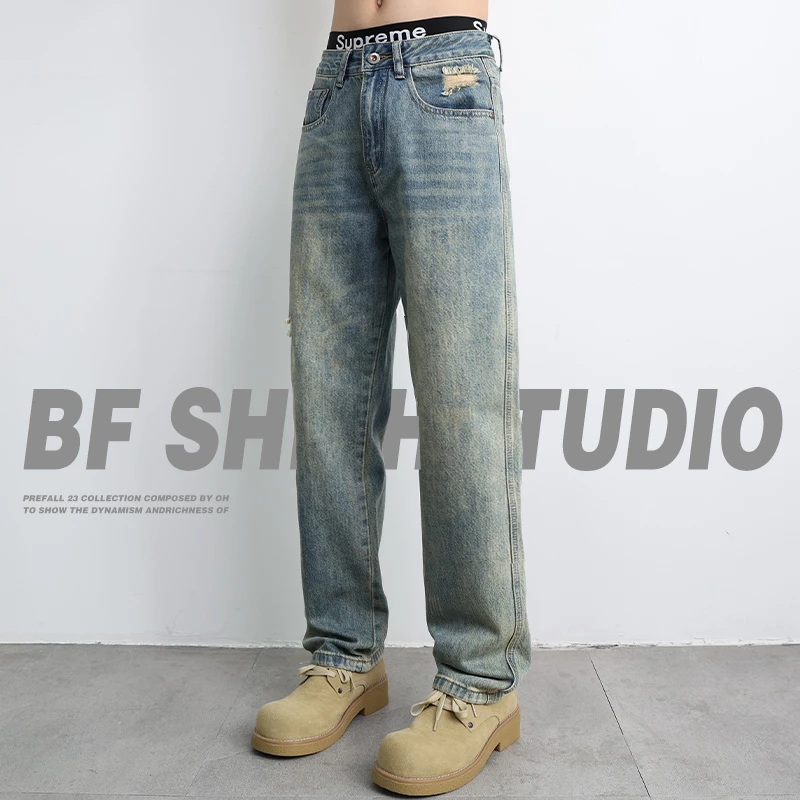 破洞牛仔裤男2025秋季新款美式高街小众设计感休闲宽松直筒长裤子