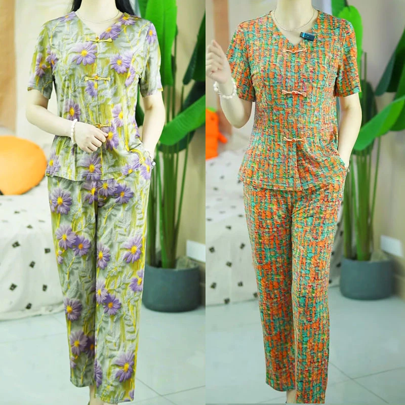 夏天夏季新款气质中老年短袖遮肚显瘦妈妈装印花时尚碎花九分套装