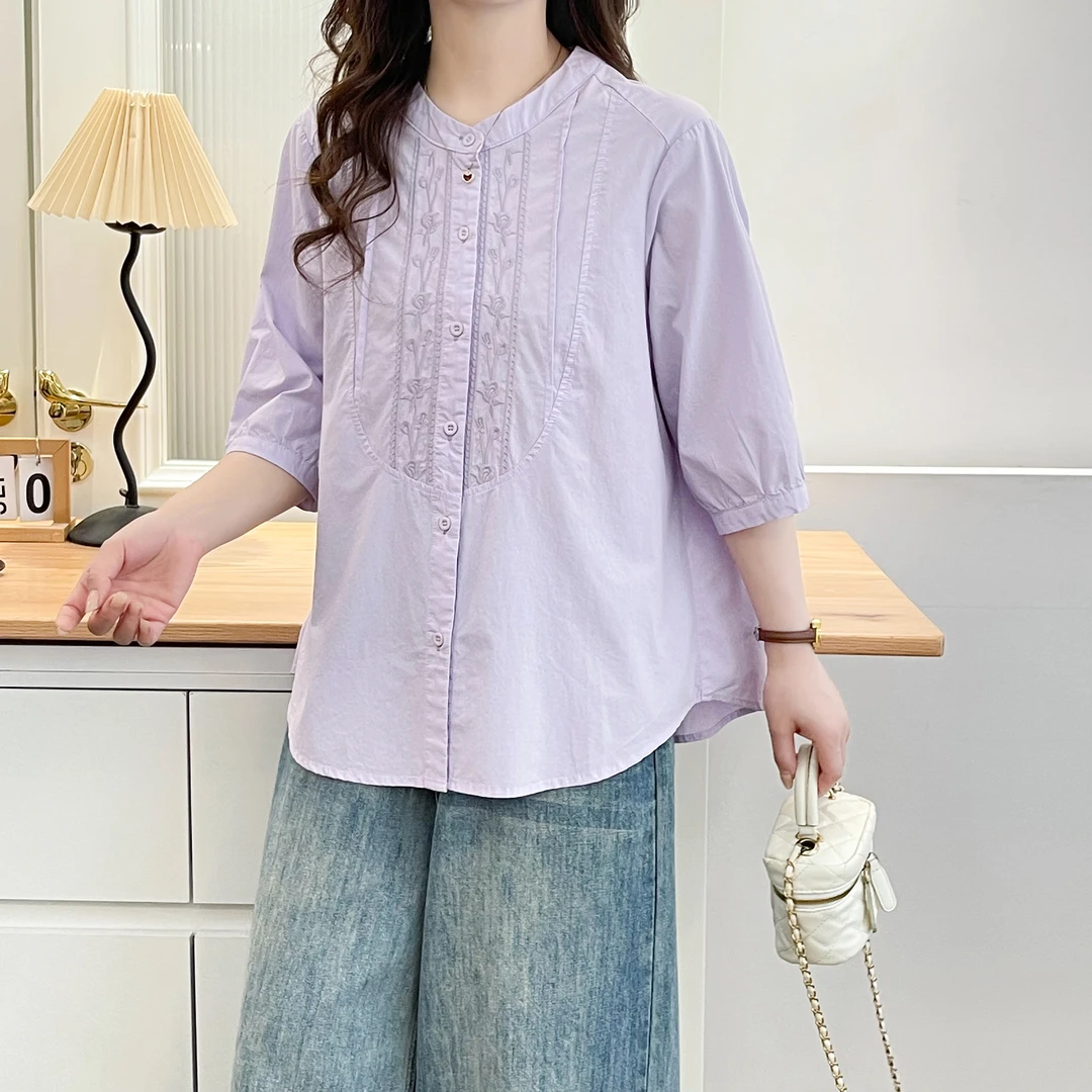 大码女装胖mm夏季圆领简约绣花七分袖衬衫遮肉纯色文艺减龄上衣