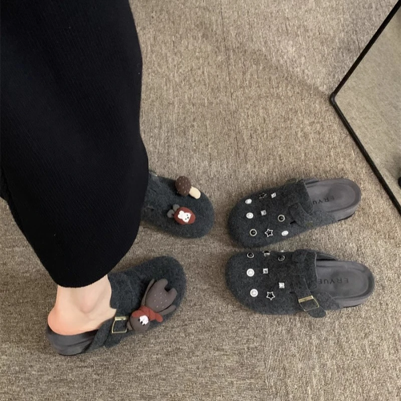 森系铆钉水钻毛呢厚底这个勃肯鞋女2025新款复古懒人外穿包头半拖