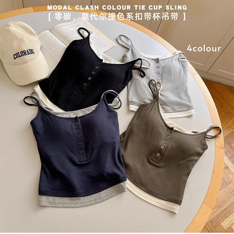 夏季新款纯欲假两件纽扣吊带背心女内搭修身一体式带胸垫百搭上衣